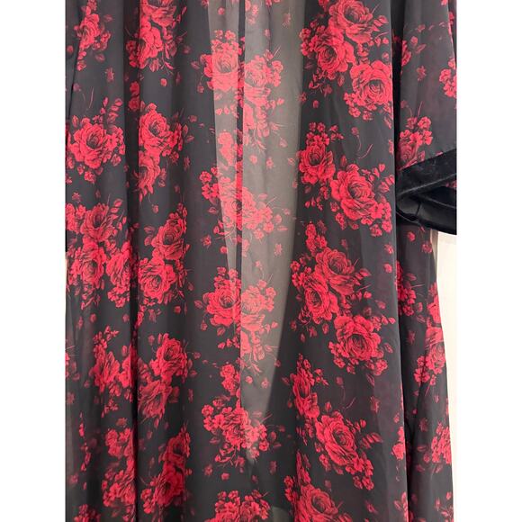 Torrid Black Red Floral Velvet Trim Elegant Romantic Rose Hi-Lo Kimono Plus 2X - Picture 7 of 11